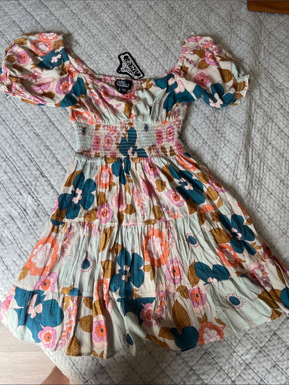 Angie Floral Puff-Sleeve Summer Dress in Teal, Pink & Mustard - Picture 2 of 3